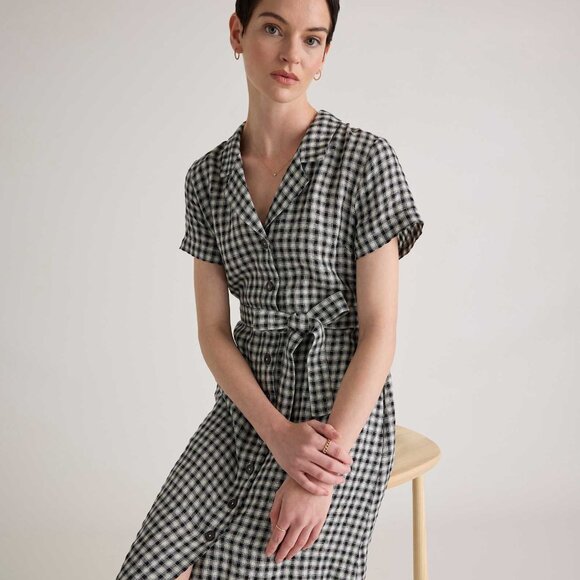 QUINCE XS 100% European Linen Button Front Dress in Classic Gingham Midi Belted - Picture 6 of 6